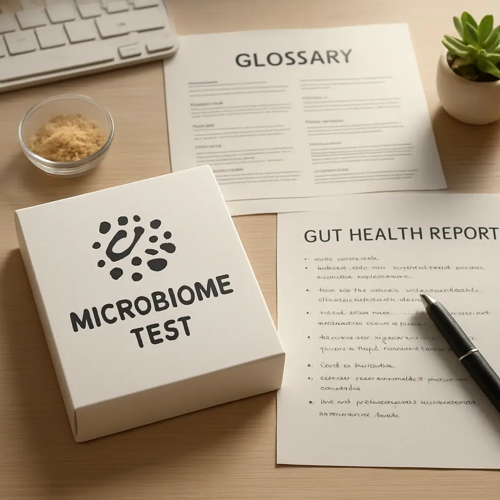 Microbiome glossary page showing gut health terms and report education