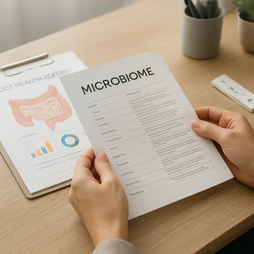 Reader using a microbiome glossary to understand gut health report terms