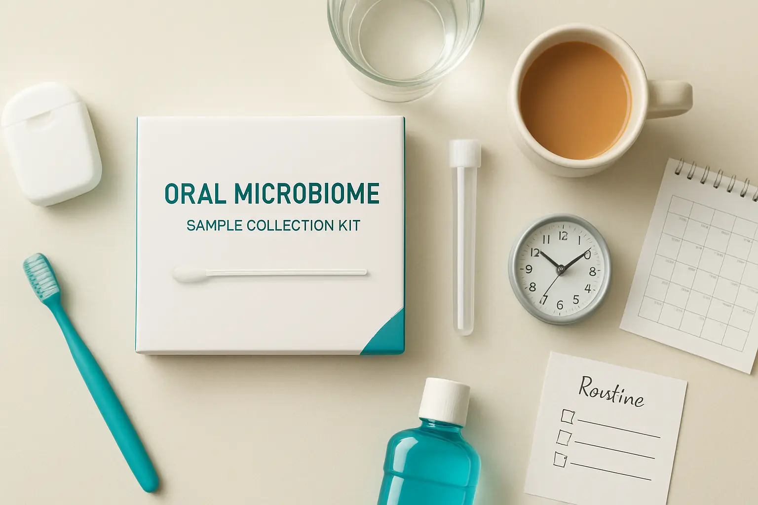 Morning oral microbiome sample timing plan with toothbrush, water and collection kit