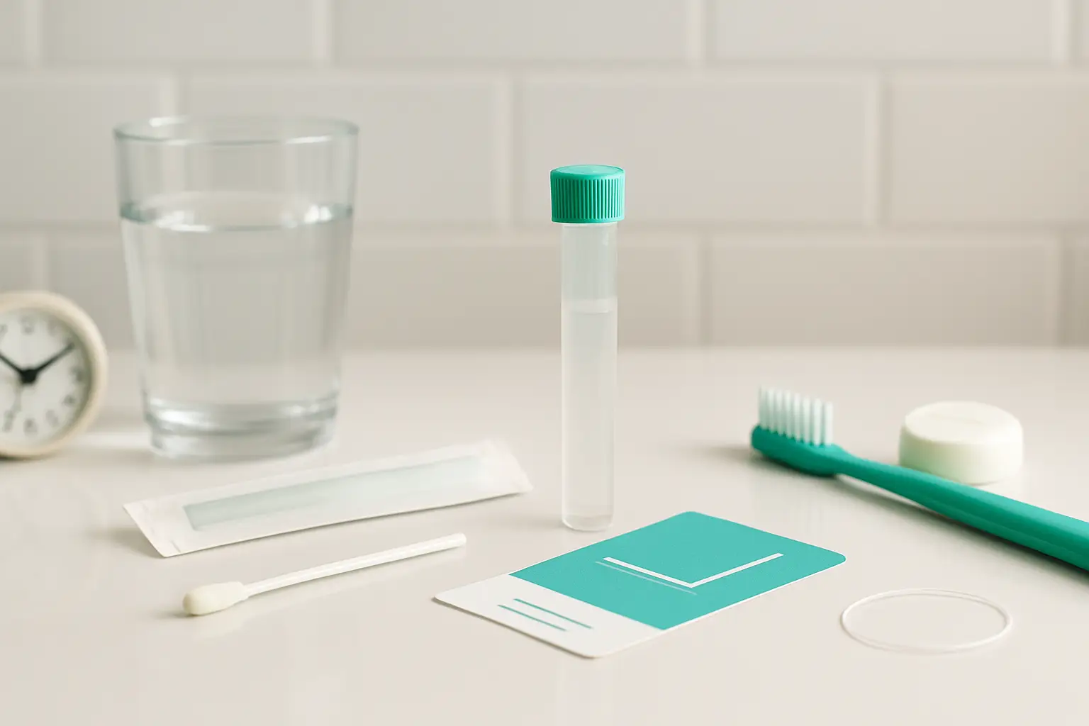 Oral microbiome test kit beside a toothbrush and morning routine items