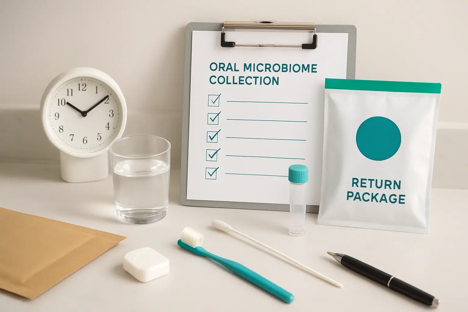 Oral microbiome collection checklist beside a sealed at-home test kit