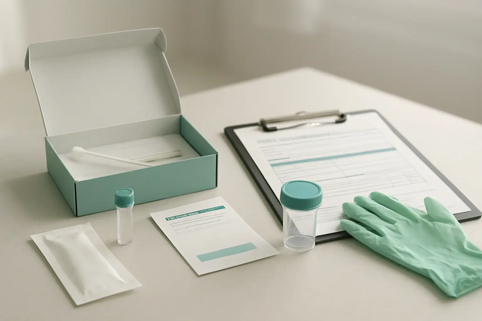 At-home vaginal microbiome wellness kit beside a clinical testing checklist