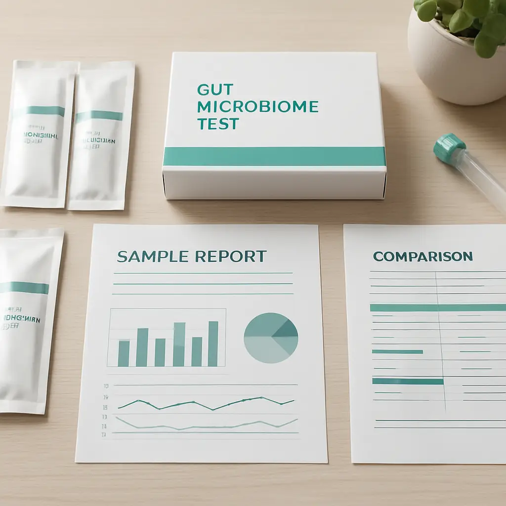 At-home microbiome test comparison overview with report and kit options